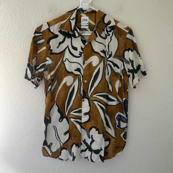 Zara Man Button Down Shirt Leafs Print Short Sleeve Lightweight Brown Color Sz S - Picture 1 of 7